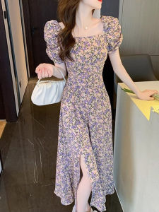 Elegant French Style New 2026 Summer Dress Square Collar Puff Sleeve Floral