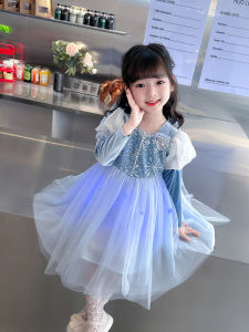 Elsa Princess เดรส วันเกิดเด็กเรืองแสง เดรส มีเคป ฤดูใบไม้ร่วง เจ้าหญิงแช่แข็งสไตล์ใหม่ เดรส หวาน ลายดอกไม้