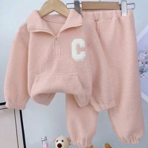 Bear Leader Autumn and Winter Solid Colors Girls Set Lamb Fleece Standing Collar Pullover Top+Pants Two Piece Kids Fashion Set