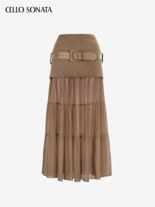 Cello Sonata | Commuter Brown Long Skirt with Knitted Stitching Pleats Chiffon