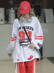 Áo Thun Cotton Dài Tay Cổ Tròn in Họa Tiết Thời Trang Thu Đông Mới Cho Nữ Áo Thun Cotton Rộng Rãi Đa Năng