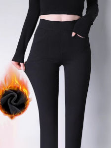 กางเกงยีนส์ทรงสลิมฟิตเอวสูงผ้ากำมะหยี่ กางเกงขายาวทรงหัวเข็มขัดสำหรับฤดูใบไม้ร่วงและฤดูหนาว สีดำ เอวยางยืด 9 ฟุต กระชับสัดส่วน