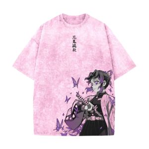 Bandai | Demon Slayer Mens and Womens Washed T-Shirt Shinobu Kocho Summer Spring Anime Tee Retro Distressed High Quality Short Sleeve