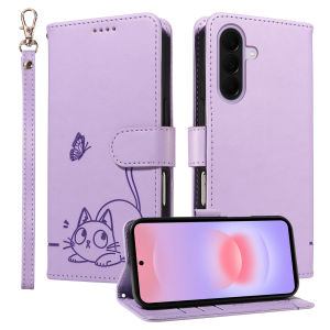szhaiyu | Leather Wallet Flip Case for Samsung Galaxy A17 A27 A37 A57 A56 A36 A26 A16 A55 A35 A25 A15 A54 Cat & Butterfly Embossed Design