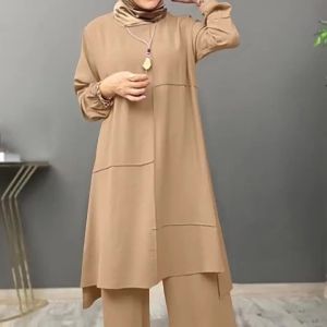 Muslim Womens Wear Urban Sportswear Two-Piece Set Elegant Puff Sleeve Shirt Loose Fashionable Wide Leg Pants Suit