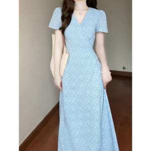 ANFEIQI | Elegant French Style Slimming V-neck Blue Floral Long Dress