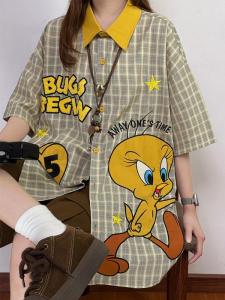 เสื้อเชิ้ตแขนสั้นผู้หญิงฤดูร้อนสไตล์ย้อนยุค สไตล์อเมริกัน ลายการ์ตูน ปักลาย ทรงหลวม เสื้อผ้าทำงาน คอโปโล ปกติ