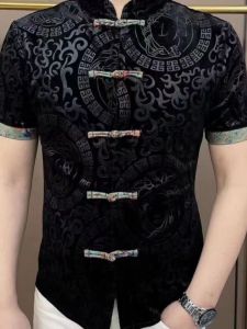 Summer Men High-End Buckle Breathable Short Sleeve Tang Suit Fashion Retro Thin Cardigan Chinese Style Top Mens Trendy