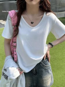MIANXIANZHI | Loose Shoulder Short Sleeve Womens T-shirt Summer White V-neck Korean Style Lazy Loose Fit Slimming Large Collar Top