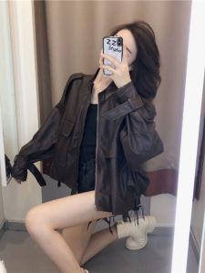 Womens Biker Leather Jacket Casual Style Retro Slim Fit Short Coat Spring Autumn New Korean Version Personalized Machine Leather