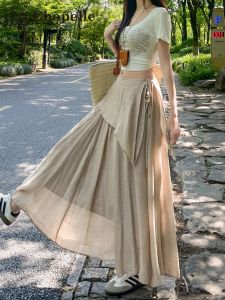 La Chapelle | Pseudo Two-Piece Irregular Hem Silk-Like Summer Long Skirt