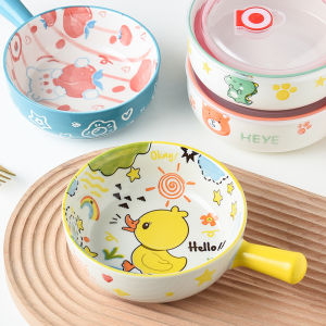 Ceramic Bowl with Anti-Scalding Handle Cartoon Creative Design for Students Home Use Instant Noodles Bowl Dormitory Use