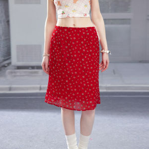 unifree | Chân Váy A-Line Mid-Length Vintage Hoa Đỏ Mát Mẻ Cho Mùa Hè