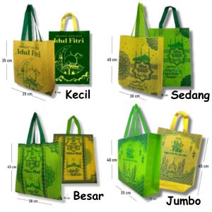 1 Lusinan isi 12 pcs Tas Lebaran Kain Spunbond Goodie Bag Jumbo Besar / Kecil Edisi Sablon tulisan Idul Fitri 2025 Termurah Ukuran SML & XL 25x35 30x40x38x45 & 35x45 Untuk Kantong Tile Souvenir Bingkisan Parcel Sembako Tote paper bag Hampers Ramadhan