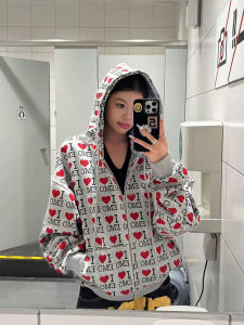 Loose Womens Hoodie Spring Autumn Full Print Open Cardigan Zipper Drawstring Loose Feel Outerwear High Street Letter Love Print