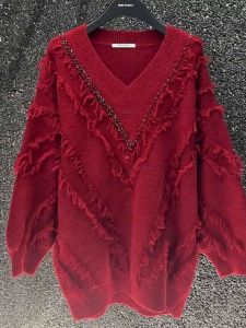 Korean Style V-Neck Diamond Sweater Womens Autumn Winter New Red Base Knitted Shirt Outerwear Trendy Commute Pure Color