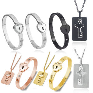 สแตนเลสคู่สร้อยข้อมือหัวใจรักล็อคสร้อยข้อมือกําไลข้อมือสร้อยคอจี้สําหรับหญิงชายวันวาเลนไทน์เครื่องประดับของขวัญ