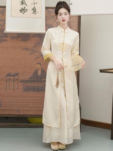 Buddhist Zen Style Tang Suit Qipao Dress Set Women Autumn Winter