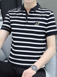 ROMON | Lormen Mens Pure Cotton Short Sleeve T-Shirt Summer Thin Stripe Business Casual With Collar Polo Shirt Mens Fashion Top
