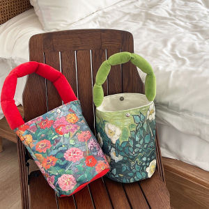 Van Gogh Wild Rose Canvas Bucket Bag Large Capacity Handbag Original Design Filled Cotton Shoulder Strap Coin Purse