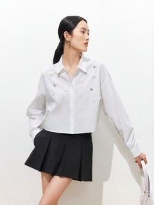 Vero Moda | Áo Sơ Mi Ngắn Rộng Cotton 3D Hoa Pha Lê Đính Cườm