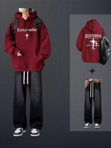 Autumnal Hoodie And Jeans Casual Outfit for Teenage Boys Stylish Comfortable Two-Piece Set Long Sleeve Long Pants