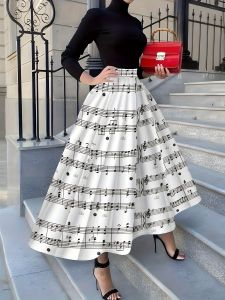 Four Seasons leisure elegant black and white piano symbol printed design womens skirt.