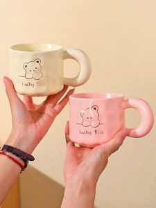 Cute Cartoon Bear Ceramic Coffee Cup with Lid And Spoon for Women High Aesthetic Breakfast Cup Couple Mug Home Use 400ml