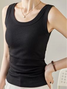 เสื้อกั๊กสายเดี่ยวแขนกุดผ้าฝ้ายแท้สีดำสำหรับผู้หญิงในช่วงฤดูร้อน ดีไซน์หลังสวย เสื้อชั้นใน ทรงเข้ารูป ใส่ได้ทั้งฤดูร้อน