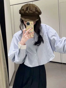 Korean Style Loose Fit round Neck Striped Shirt Ageless Fashion Casual Workwear Blue White Vertical Stripes Slimming Shirt