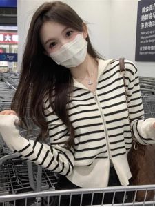 Lazy Stylish Double Zipper Knitting Outwear Female Spring & Fall New Arrival Black and White Stripes Inner Wear Sweater Cardigan Female Short