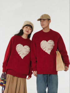 JNXS | Áo Khoác Len Nam Mỹ Retro Thêu Tim Đỏ