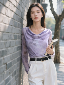 Vimly | Áo Thun Dài Tay Ôm Phối In Bướm MESH Tím