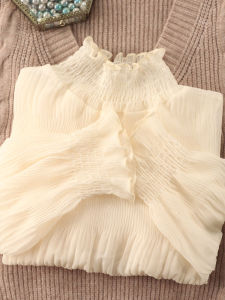 Trendy Half High Collar Lace Base Shirt Womens Mesh Top Flared Sleeve Chiffon Inner Wear Base Shirt Korean Style Long Sleeve