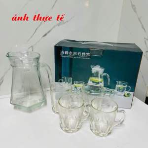 Bình Thủy Tinh Cao Cấp Chịu Nhiệt Sang TrọngBộ Bình Kèm 4 Ly Thủy Tinh Vân Nhám