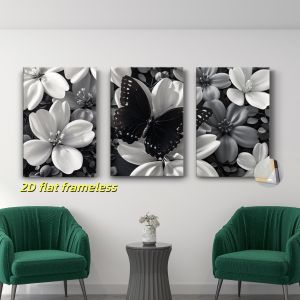 3 black butterfly and white flower art canvas posters simple and fashionable home decoration 2D flat printing frameless paintin