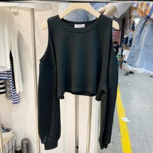 Trendy High Waist Crop Top Long Sleeve Lazy Style Belly Button Exposure Short Womens T-shirt Summer Autumn New Shoulder Exposure