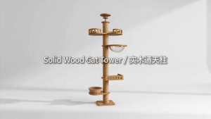 PaPaPet Solid Wood Floor to Ceiling Cat Tree Adjustable Height 240-270cm No Drilling Sisal Scratching Post  Cat Tower