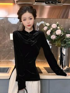Slimming Velvet Shirt Womens New Chinese Style Qipao Top Early Autumn Young Elegance Fitting Shirt Korean Style Stand Collar Long Sleeve