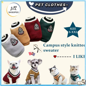 SKISOPGO Pet Dog Cat Knitted Sweater Clothes Warm Padded V-neck Dog School Uniform for Small Medium Dogs Chihuahua French Bulldog Coat