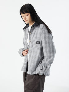 Gray White Checkered Casual Long Sleeve Shirt Collar Decoration Basic Grid Pattern Womens Fashion Polyester Blend Shirt