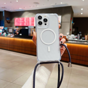 กันกระแทกโปร่งใสแม่เหล็กสําหรับiPhone 16 15 13 11 14 12 Pro Maxไร้สายชาร์จเส้นทแยงมุมแขวนเชือกป้องกันฝาครอบ