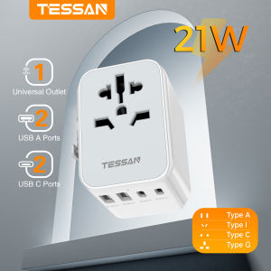 TESSAN Universal Travel Adapter International Plug Adaptor with 2 USB +2 Type C All-in-one Wall Charger for US EU UK AUS Travel