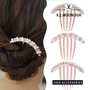 【 X.z.moonligh】ห้าหวีฟันด้วยไข่มุกและพลอยเทียมหวีเจ้าสาวที่มีอารมณ์ผมทวิสเตอร์และหูฟัง