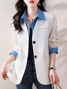 False Two-Piece Shirt Collar Patchwork Suit Outwear Womens Spring and Autumn K-style Short Silm Slim Looking Easiest for Match Fashion Tailored Suit