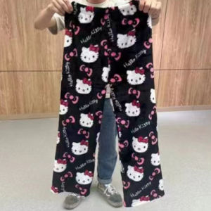Hellokitty Pants Cute Girl Coral Fleece Cartoon Thermal Home Plaid Pajama Pants Walking Casual Pants