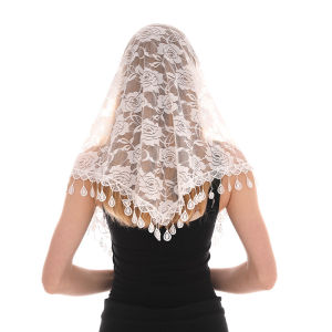 Jifang Fashion Hollow Plain Rose Flower Floral Lace Triangle Scarf Wedding Bridal Veil Church Prayer Mantilla with Tassels YW39