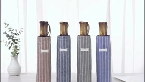 (SG Seller) Leodauknow Three Folding Striped Style Umbrella Fully Automatic Anti UV Umbrella Business Umbrella Sun Rain UV Protection Umbrella