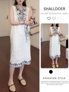 Shalldoer | Elegant High Waist V-Neck Sleeveless Dress Womens Summer Fashion Versatile Anti-Aging Print Design Mid-Length A-Line Skirt