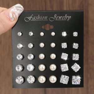 15pairs Cubic Zirconia & Faux Pearl Decor Stud Earrings,Suitable For Holidays Parties Dates Gifts Everyday Wear